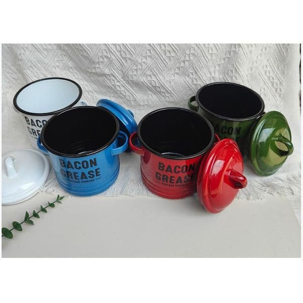 New 2 Handles Bacon Grease Container Lid Vintage Enamelware Cup Mini Large-capacity Bacon Grease Collector Can