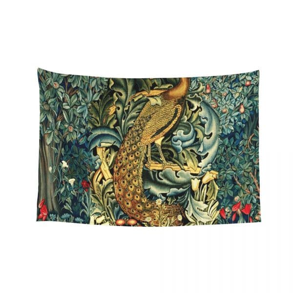 GREENERY, FOREST ANIMALS ,PEACOCK WITH ACANTHUS LEAVES Blue Green Floral Tapestry Wall Decor Tapestry