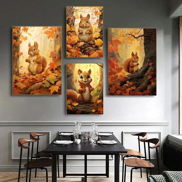 Classic Retro Golden Leaf Squirrel Canvas Wall Art HD Print Poster for Living Room Bedroom Decor Elegant Decorative Painting
