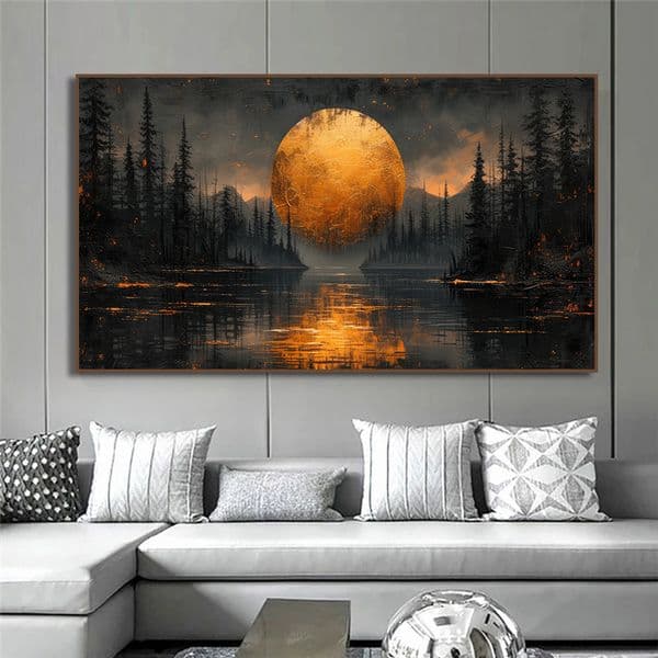 Golden Moon Tree Forest Lake Mountain Landscape Poster Canvas Painting Wall Art Pictures Home Bedroom Decor Cuadros
