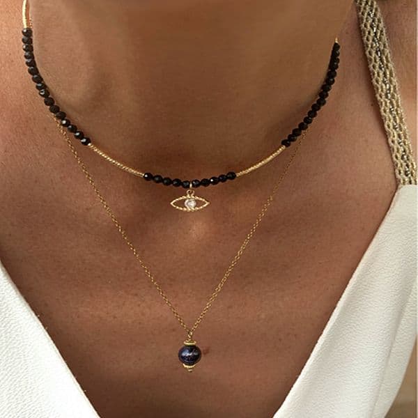 2022 Semi Precious Amazonite Square Chip Lapis Lazuli Agate Quartz Stone Beads Evil Eye Pendant Charm Necklace Women'S Jewelry