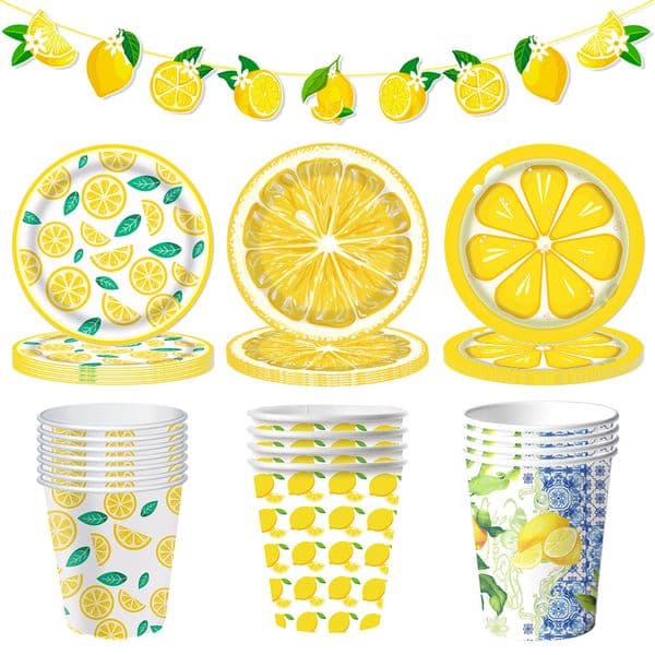 Yellow Lemon Party Tableware Lemon Paper Plates Cups Napkins Banner Birthday Party Decoration Lemon Theme Disposable Dinnerware