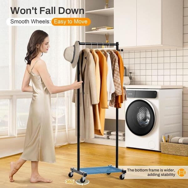 Double Rod Clothes Rack Heavy Duty Garment Organizer with Wheels Floor Standing Coat Hanger Bedroom Shoes Hat Storage Shelves