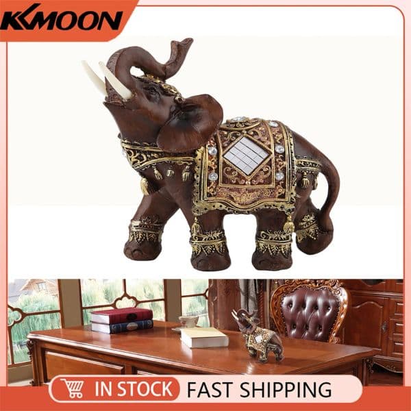 Lucky Feng Shui Wood Grain Elephant Statue Sculpture Wealth Figurine Gift Home Decoration (L)