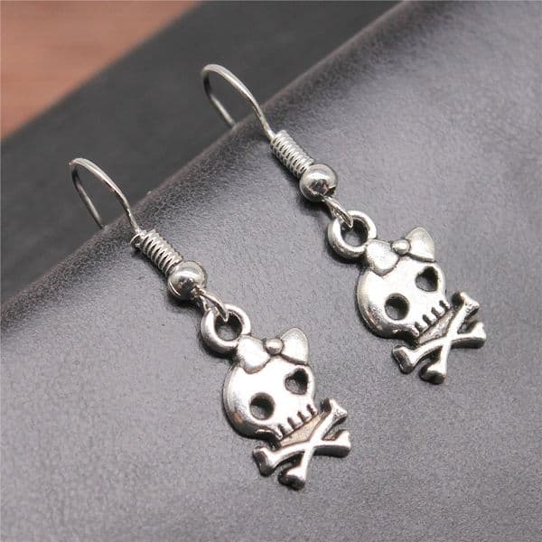 Fashion Handmade Simple Design Antique Silver Color Bow Skull Pendant Earrings Women Vintage Drop Earrings