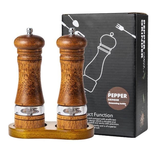 6-inch Manual Solid Wood Pepper Grinder Sets With Base,Salt Spice Shakers Mills Tool,Adjustable Ceramic Rotor-Refillable Grinder