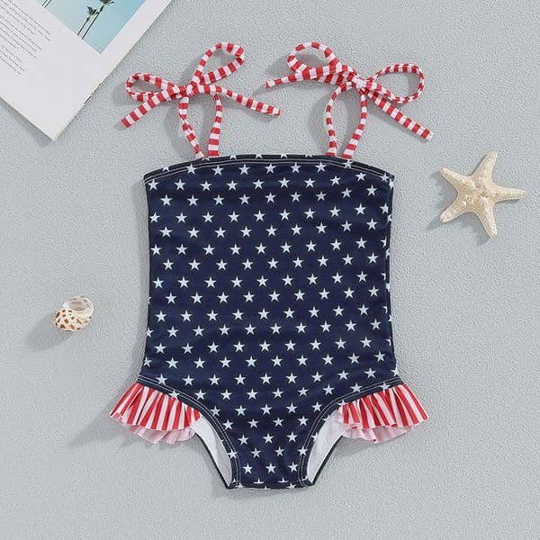 Little Girl 4th of July Swimsuit Star Print Striped Square Neck Tie-Up Spaghetti Strap Bathing Suit Infant Toddler Swimwear
