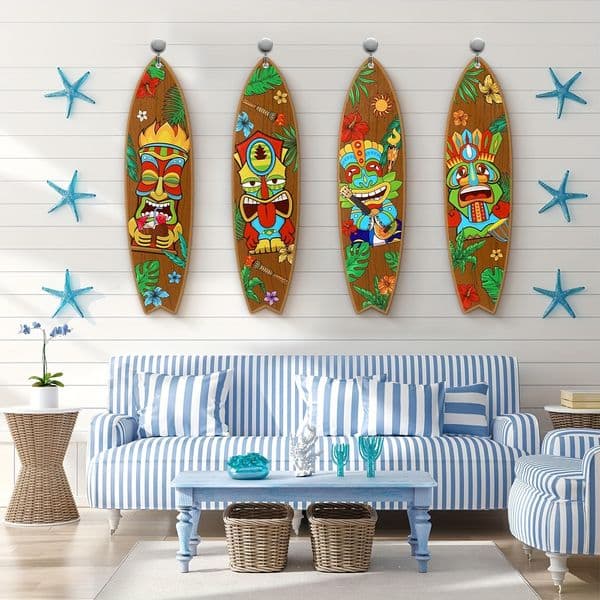 4 Pcs Tiki Surfboard Party Banner Tiki Wall Hanging Banner Sign Surfboard Beach Signs Beach Decoration Wall Summer Theme Decor