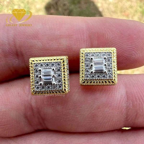 Fine Jewelry Gold Plated Sier Iced Out Moissanite Hip Hop Large Square Baguette Studs Mens Earrings