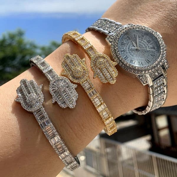Open Bracelet Inlaid with Zircon Palm Hamsa Shape Unisex Hip Hop Bracelet Jewelry 250710