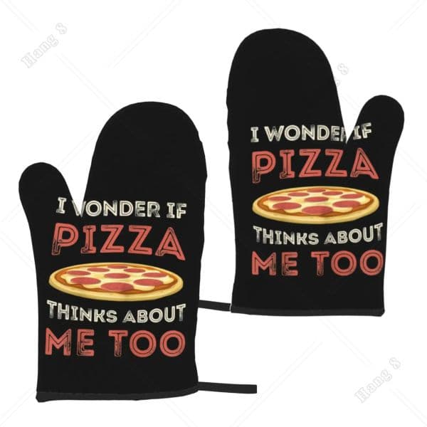 I Wonder If Pizza Think about Me Too Set of 2 Kitchen Gloves Women Men Oven Gloves Heat Resistant for BBQ Cooking Microwave Oven