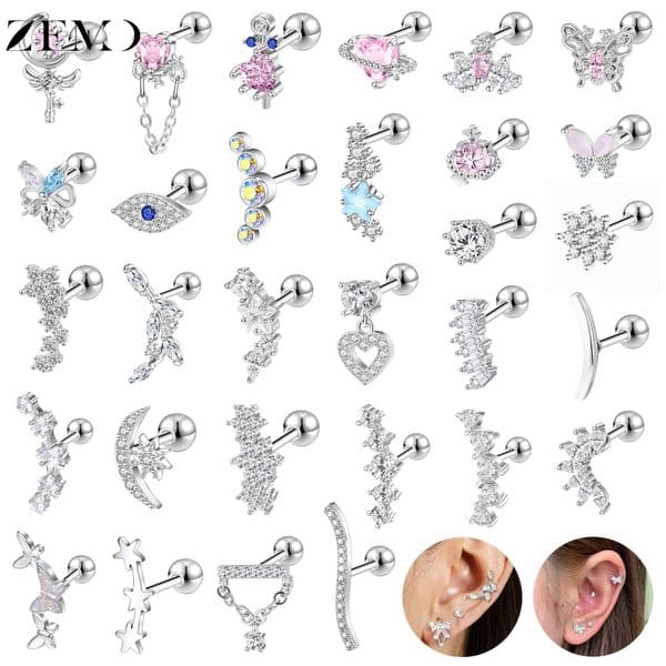 ZEMO 1 PC Cute 18G Stainless Steel Ear Studs Pink Blue CZ Crystal Stud Earrings Butterfly Leaf Cartilage Helix Piercings Jewelry