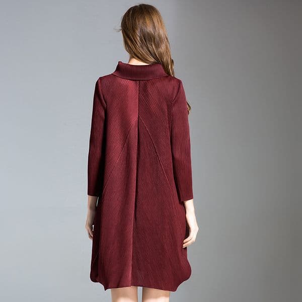 (289) Loose doll collar encora red dress Miyake women's clothing A-line skirt nine-point sleeve temperament pleated dress