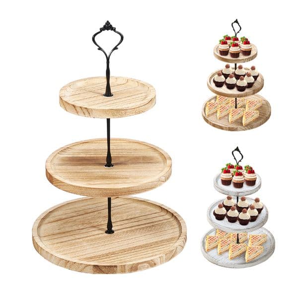 3 Layer Wood Cake Tray Cupcake Display for Stand Snack Dessert Wedding Party Table Birthday Round Tiered Dessert Serving Tray