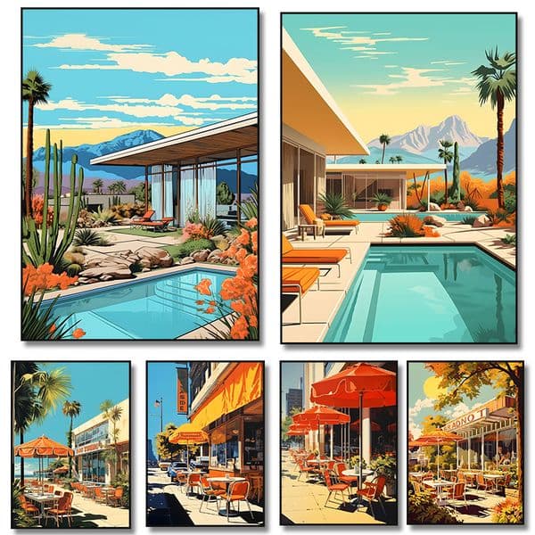 Vintage House Palm Springs Pool Landscape Coffee Shop Poster Canvas Painting Print for Living Room Home Decor Wall Art Mural