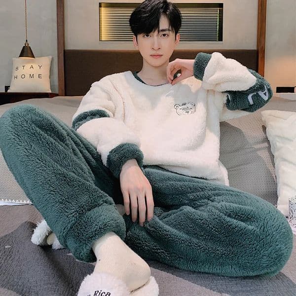 Pajama Coral Velvet Autumn and Winter with Velvet Thickened Flannel Winter Homewear Set Cosy Thermal Pajamas Both Men Women