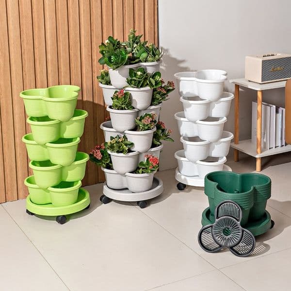 Vertical Tower Stackable FlowerPot Plastic Multi-layer Flower Pot with Movable Casters Strawberry Planter Tower