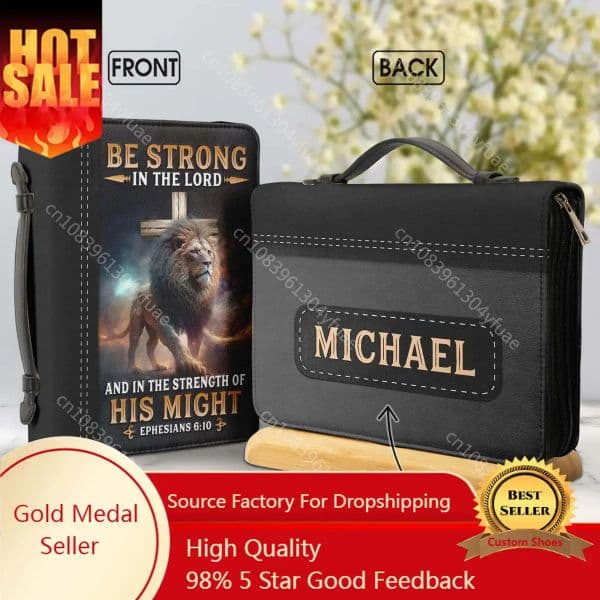 Lion Cross Bible Hymns Print Leather Bible Bag Handbags Be Strong In The Lord Words Bible Carrying Case Handle Study Book Case