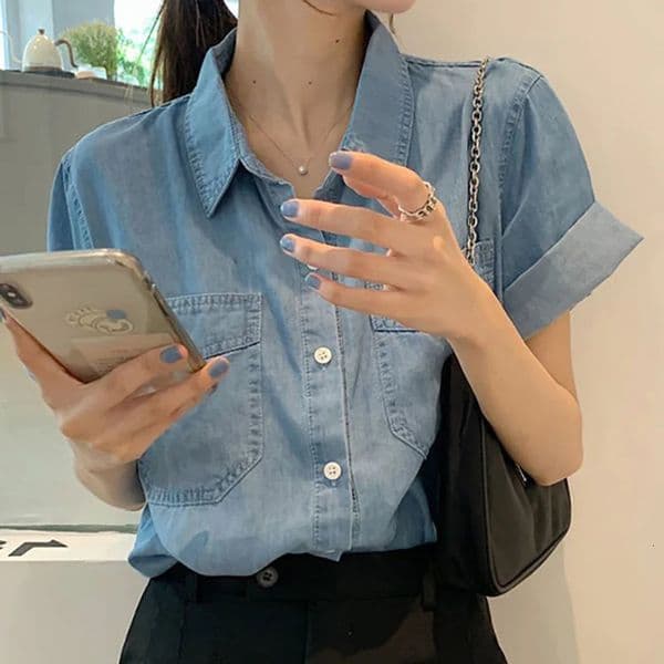 Korean Denim Short Sleeve Shirt Women 2025 Summer Pockets Loose Turn Down Colllar Shirts Woman Chic Single Breasted Jeans Blouse 250704BANJIA