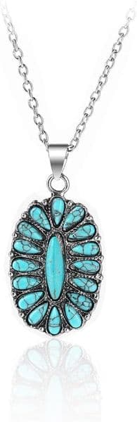 Natural Turquoise Boho Bead Silver Cross Vintage Statement Pendant Necklace Handmade Green Western Necklace Jewelry for Women