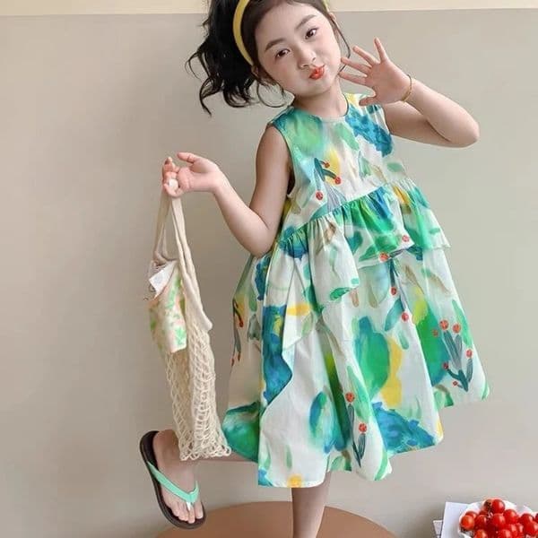 Girls Casual Dresses Plant Print Sleeveless Dress Kids Dresses for Girls Wedding Dress Toddler Girl Clothes Girls Dress