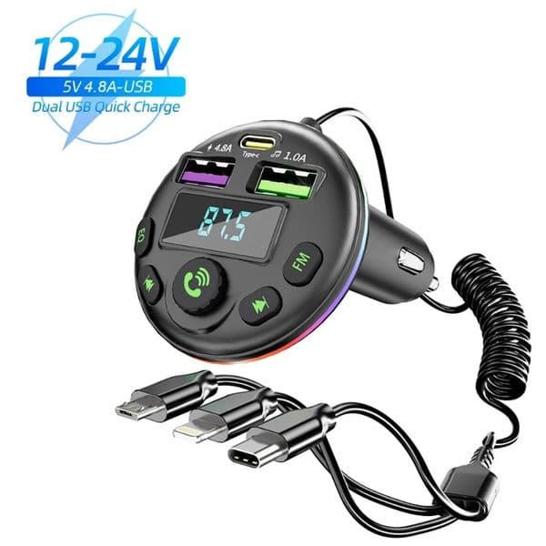 Transmisor FM Bluetooth 5,0 Para Coche, Reproductor Modulador MP3, Receptor De Audio Manos Libres Con Cable De Carga 3 En 1 Para IPhone, Huawei Y Xiaomi