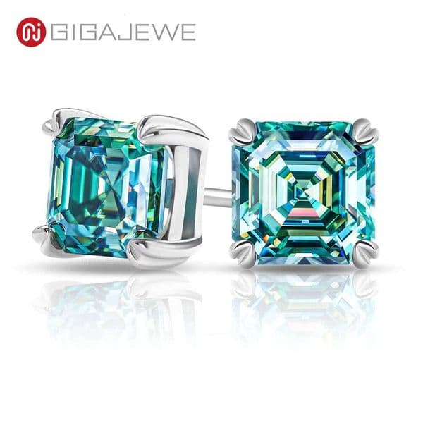 GIGEWE 7mm 2.0ct Asscher Cut Blue Green Cyan White Color Moissanite Sterling Sier Earings for Women Gift