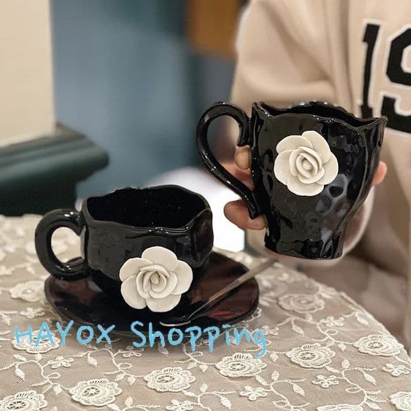 Free shipping Elegant Ceramic Coffee Mug Set with 3D Rose Design, Includes Cup Saucer for Tea, Coffee, and Hot Beverages