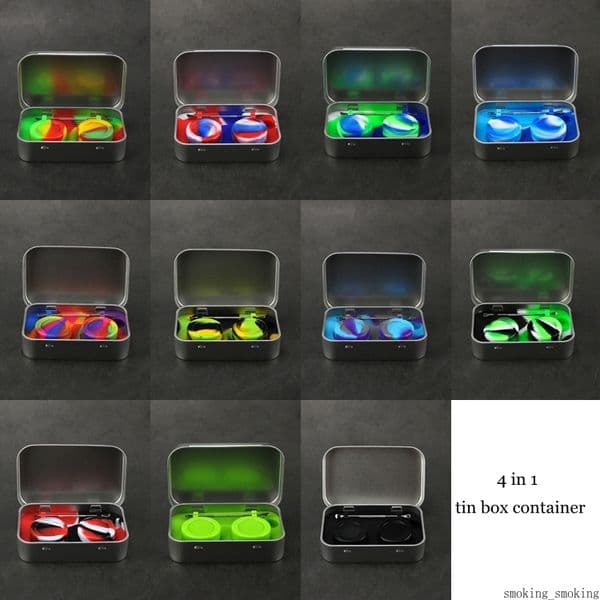 4 in 1 Tin Silicone Storage Kit Set with 2pcs 5ml Silicon Wax Container Oil Jar Base Silver Dabber Tool Metal Box Case DHL
