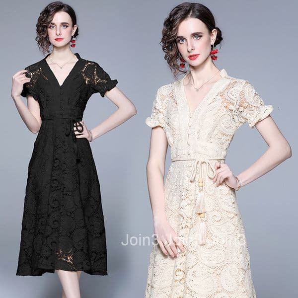 8326 Summer Heavy Craft French Court Lantern Sleeve Exquisite Water-Soluble Lace Long Dress with Waist Delivery