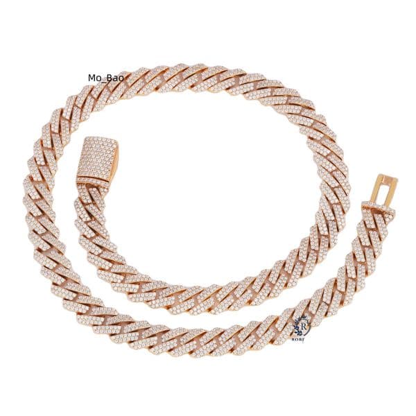 High-End 12MM Moissanite Cuban Link Chain Necklace for Men Rose Gold Full Set 925 Sterling Silver