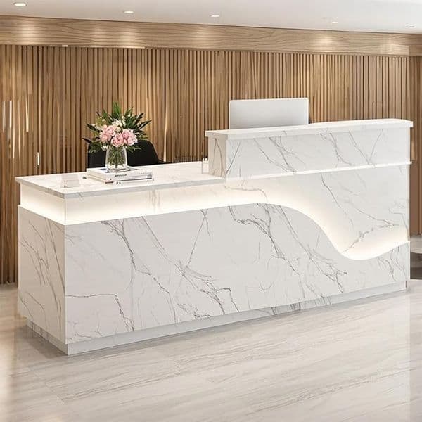 63" Modern Reception Desk with Locking Drawers, LED Light Bar & File Cabinet - Office Checkout Counter, Made of Multi-Layer Solid Wood for Retailreception Counter .