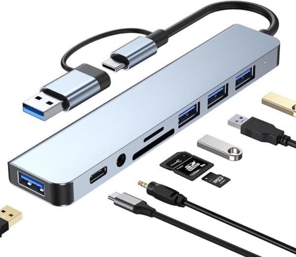 8 in 1 USB Hub with USB-A USB-C Dual Input 5Gbps USB 3.0 SD/TF 3.5mm Audio Type-C PD Compatible with MacBook iPad Pro Windows Laptop Aluminum Alloy Portable Docking Station