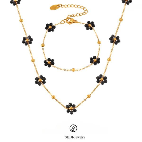 British Style Retro Niche Personality Simple All-matching Jewelry Natural Stone Beads Flower Modeling Titanium Steel Jewelry Set Designer Necklace for Woman