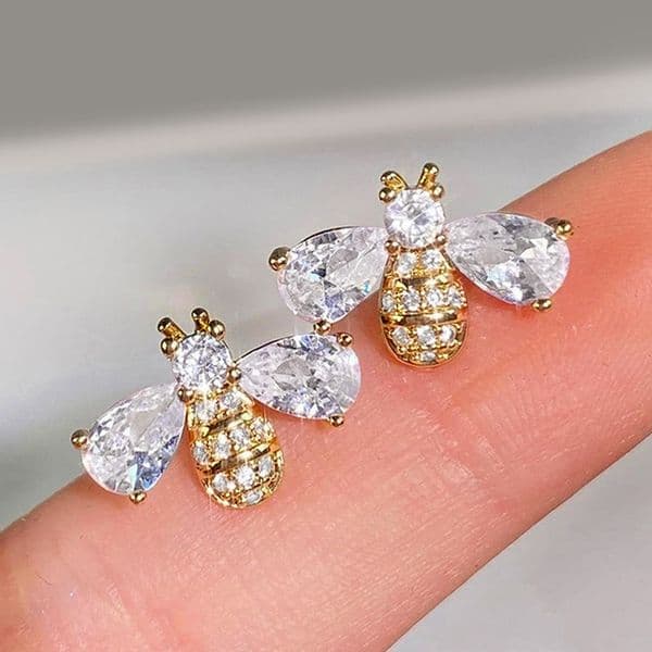 Gold Tone Bee Shaped Stud Earrings Crystal Wing Accents Cute Daily Gift For Her High Quality And Stylish Jewelry