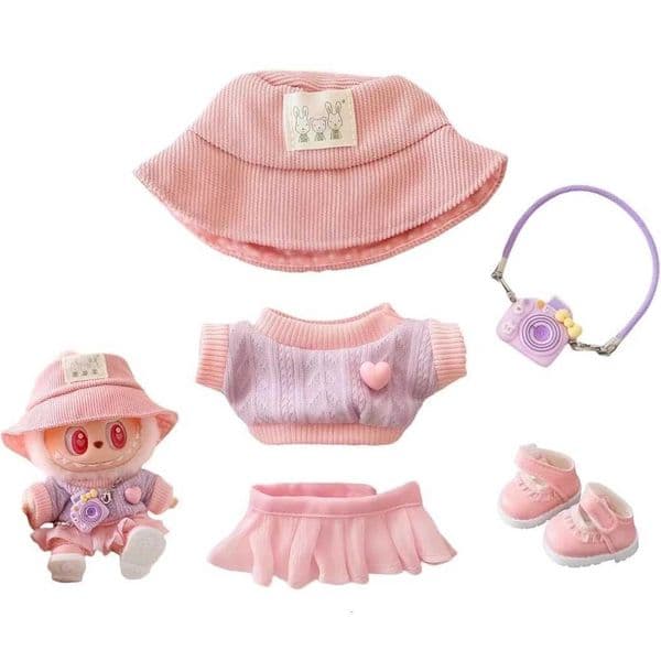 17cm Doll Clothes Labubu Hoodie Skirt Hat Set Labubu Sitting Party Clothing Accessories Mini Dolls Outfit Pink Summer Clothing X2507231