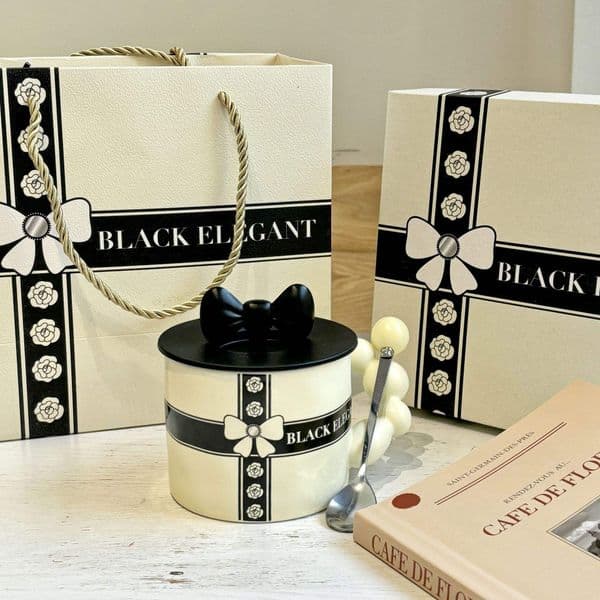 Designer Creative Fashion Bow Rose Pattern Ceramic Coffee Mug Wedding Birthday Hand Gift Box Ins Water Cup 350Ml/12Oz
