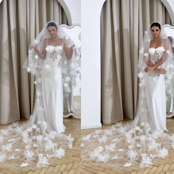 Gorgeous Lace Bridal Veil Wedding Accessories Long Voile 3D Flowers Appliques Bride Veils Customized