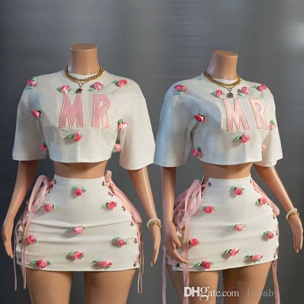 Fashion Sexy Two Piece Dress Women Hot Girl Skirt Set 3D Rose Decoration Crop Top Short Sleeve Tshirts Mini Skirts 2Pcs Sets For Ladies Outfits