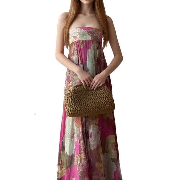 Designer Clothing 2025 Pleated Printed Strapless Maxi Dress Women Elegant Sleeveless High Waist Loose Street Gowns 2025 Summer Vacation Party Vestidos