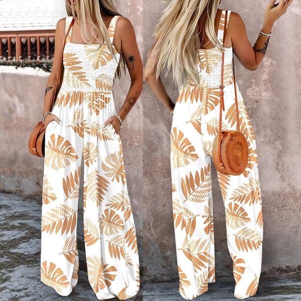 F2146 Womens Summer Strap Plant Color-Block Print Casual Elegant Commuter Wide-Leg Jumpsuit