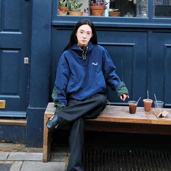 South Korea Spe*ll2024 Autumn New Product Color-Block Half-Zip Jacket Navy Blue Patchwork Fashion Top for Women L250731