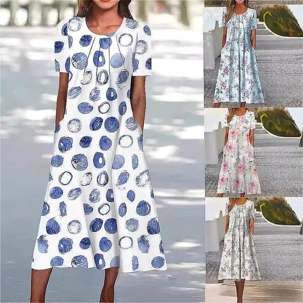 308 New Dress Summer European and American Short Sleeve Round Neck Printed Pocket A-Line Dress Women's Clothing