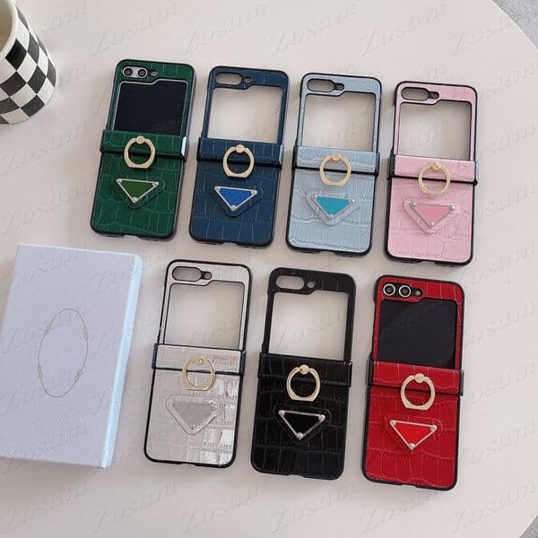 Luxury Tri-angle Designer Classic Phone Case for Samsung Z Flip 7 6 5 4 3 Crocodile Protection Bumper Anti-skid Finger Hook Cover Leather Galaxy Flip7 Flip6 Flip5 Flip4