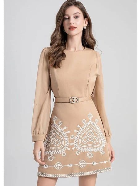 HMA Light Chiffon Patchwork Ribbon Embroidery Dress Women's High Waist Slimming Temperament Dresses Vestidos With Belt dongdumaoyi