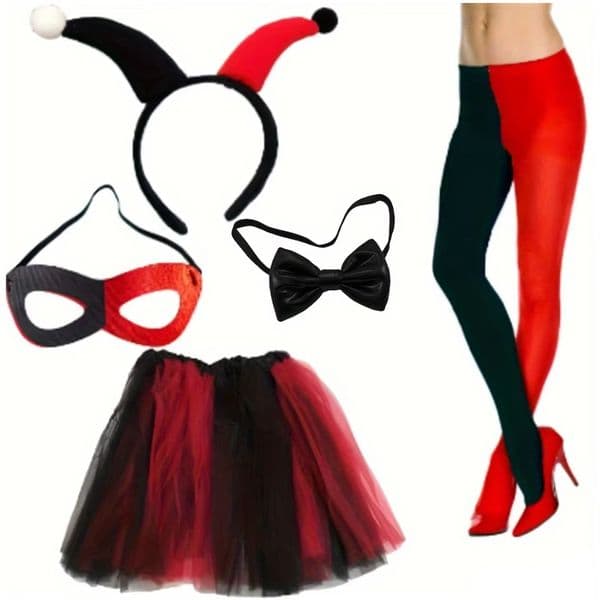 A collection of 5 Halloween clown costumes, black and red clown Cosplay costume accessories, clown skirts, necklaces, headbands and socks