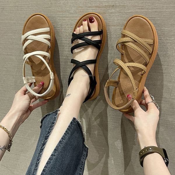 New Designer Sandals With Free Shipping 2025 Summer New Korean Flat For Women With Elastic Bands Crossed Soft Bottom Student Casual Sandals