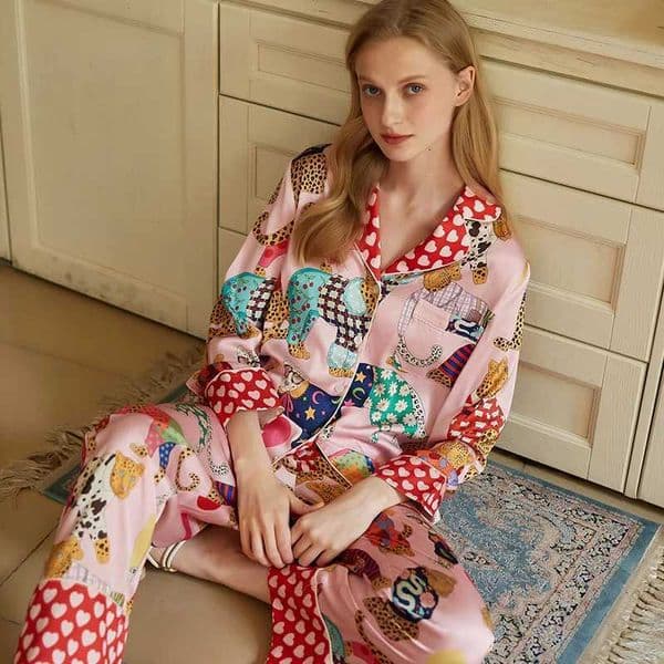 Fashion 2025 Womens Ice Silk Pajama Set - Long Sleeve Thin Printed Homewear for Spring and Autumn