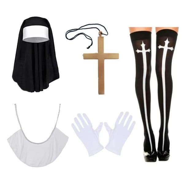 Five pieces of Halloween costume accessories for nuns, high stockings with swords, hats, cross necklaces, gloves, etc., festival parties, masquerade balls