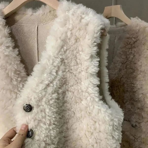 Lamb Fur Vest Coat Women Sleeveless Tops Allmatch Waistcoat Autumn Winter VNeck Button Warm Lamb Hair Sleeveless Jacket 251103